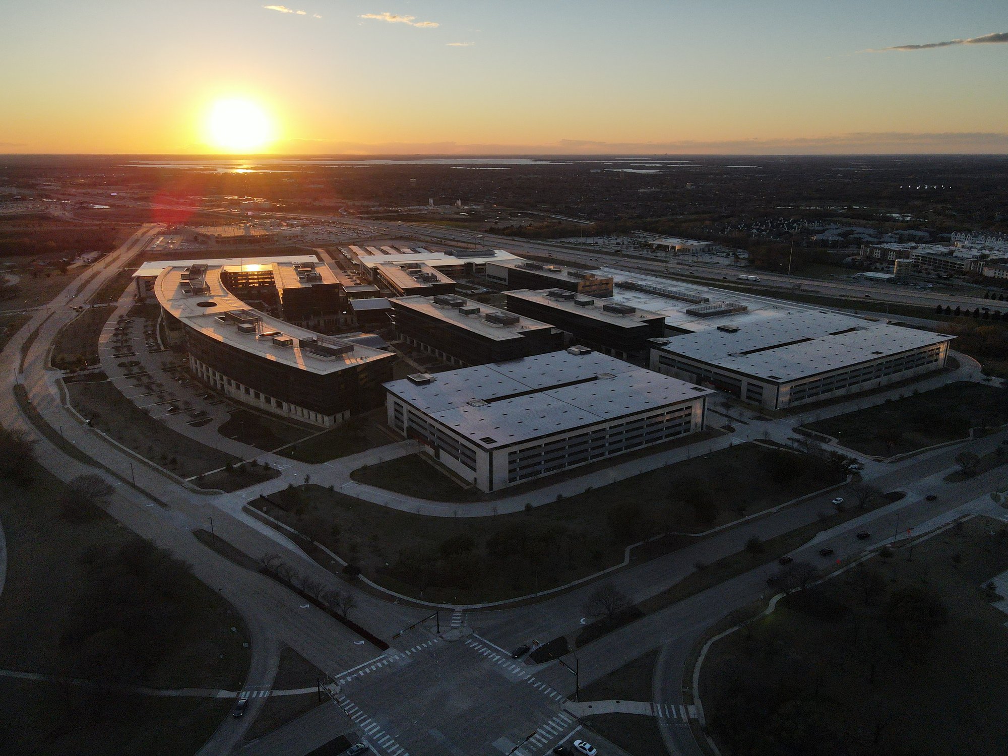 Aerial view of Toyota North American headquarters at sunset, Plano, TX